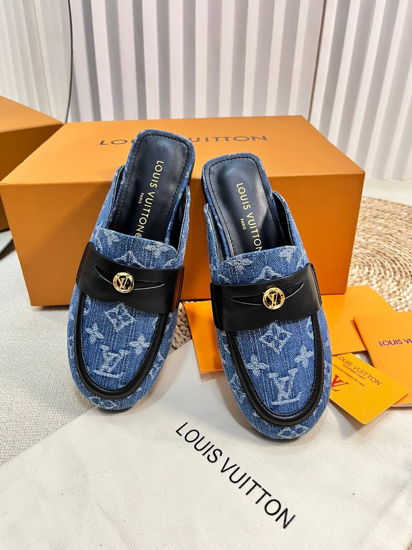 LV CAPRI OPEN BACK LOAFERS IN COBALT BLUE MONOGRAM DENIM - 35