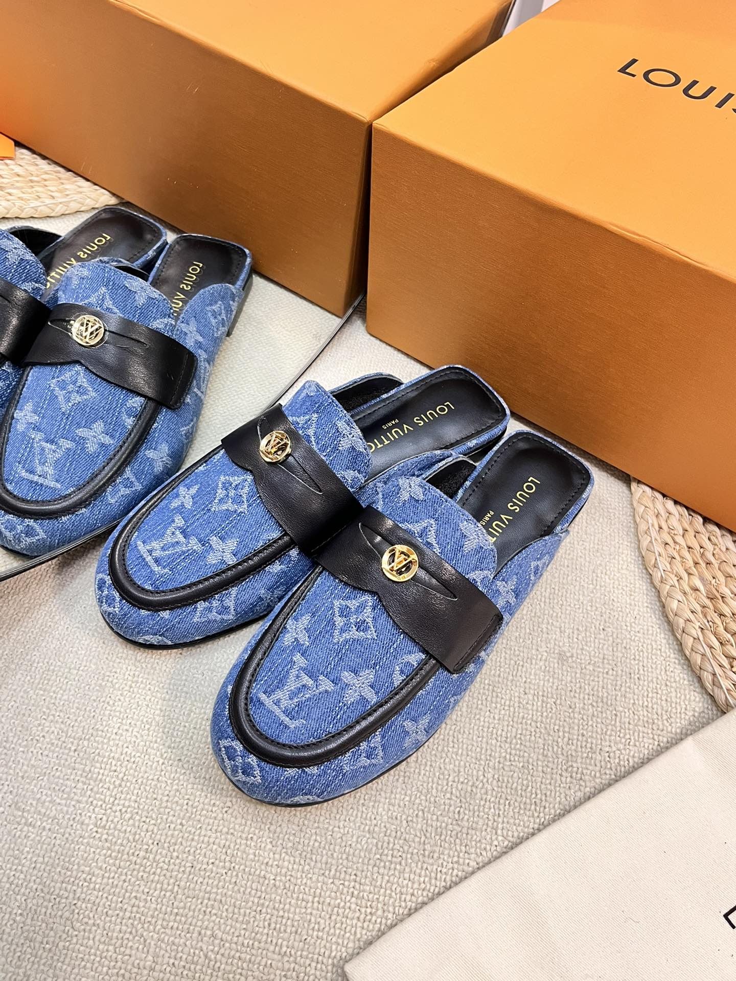 LV CAPRI OPEN BACK LOAFERS IN COBALT BLUE MONOGRAM DENIM - 35