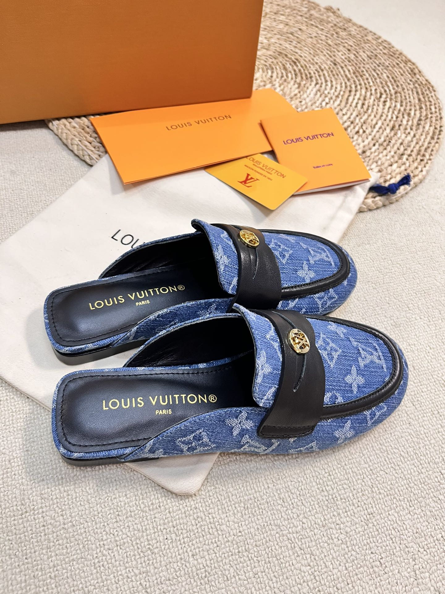 LV CAPRI OPEN BACK LOAFERS IN COBALT BLUE MONOGRAM DENIM - 35