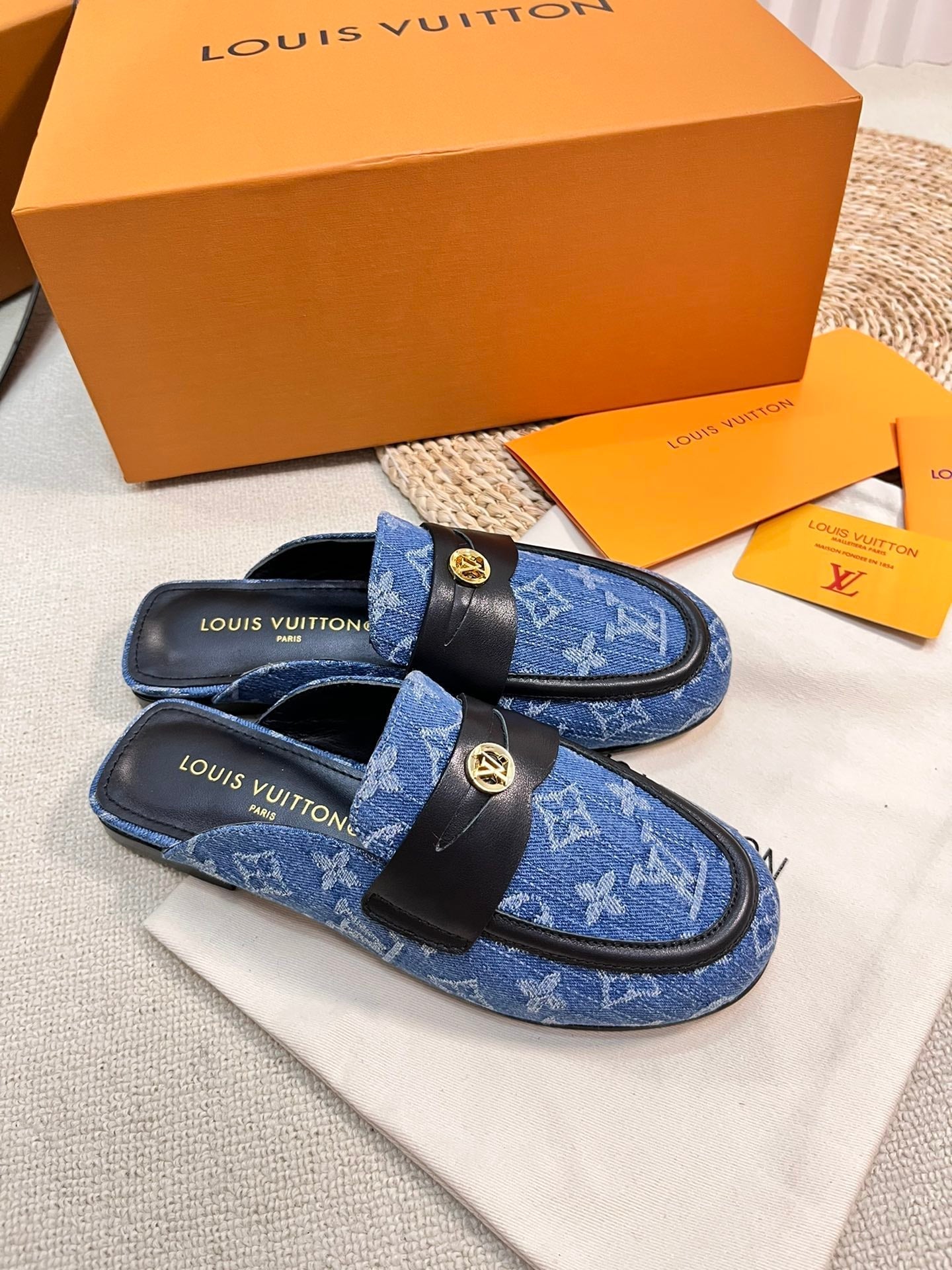 LV CAPRI OPEN BACK LOAFERS IN COBALT BLUE MONOGRAM DENIM - 35
