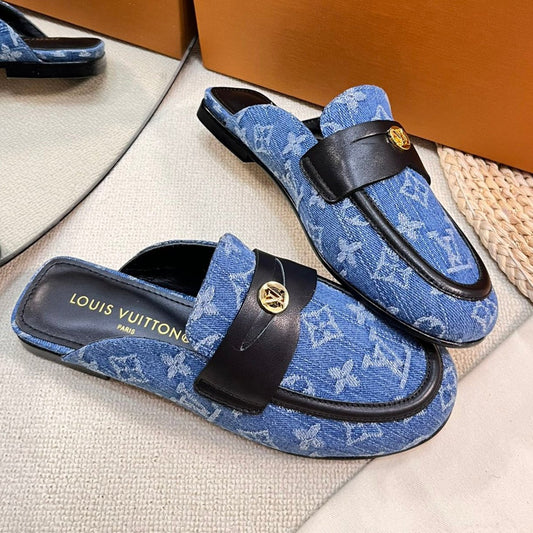 LV CAPRI OPEN BACK LOAFERS IN COBALT BLUE MONOGRAM DENIM - 35
