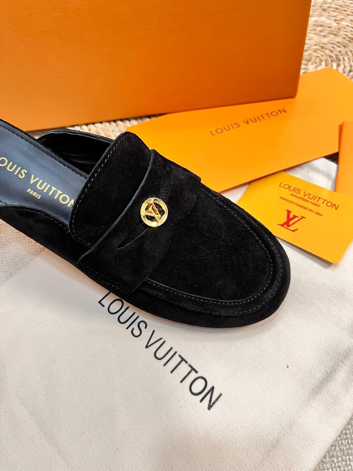 LV CAPRI OPEN BACK LOAFERS IN BLACK SUEDE - 35