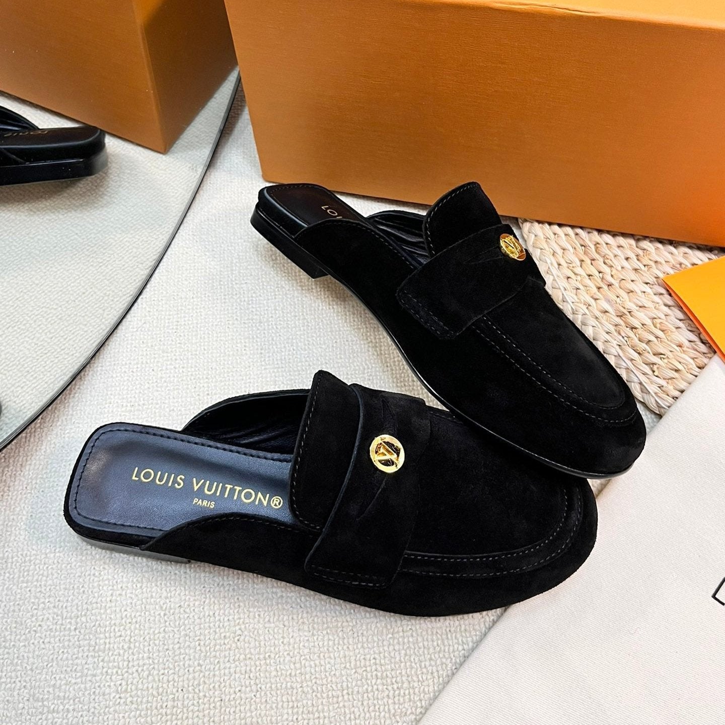 LV CAPRI OPEN BACK LOAFERS IN BLACK SUEDE - 35