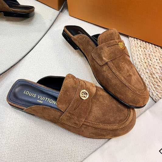 LV CAPRI OPEN BACK LOAFERS IN CHOCOLATE BROWN SUEDE - 35
