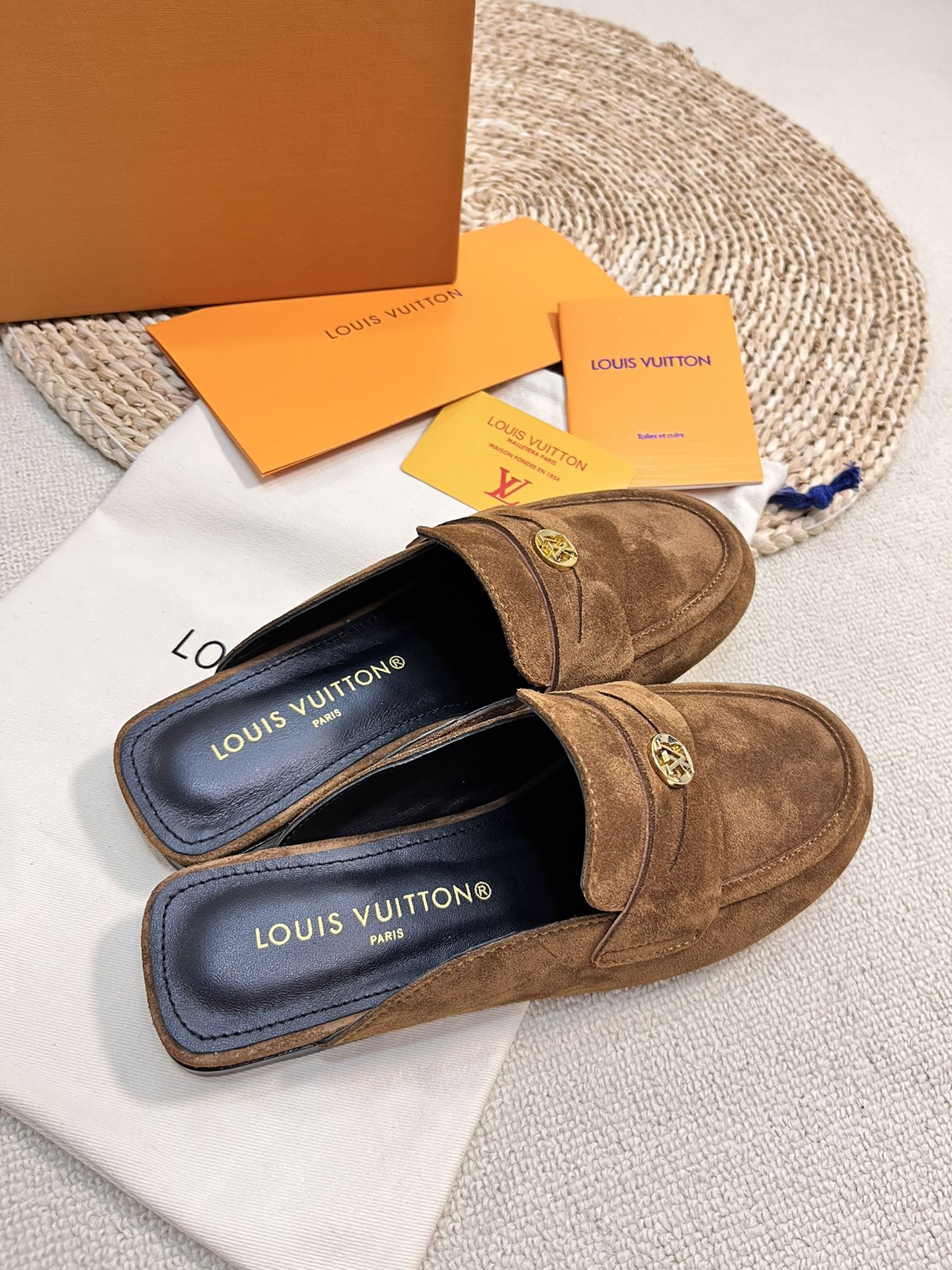 LV CAPRI OPEN BACK LOAFERS IN CHOCOLATE BROWN SUEDE - 35