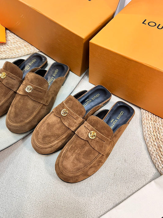 ШКІРЯНІ ЛОФЕРИ LV CAPRI ВІДКРИТА П'ЯТА КОРИЧНЕВІ (ШОКОЛАД) - 35