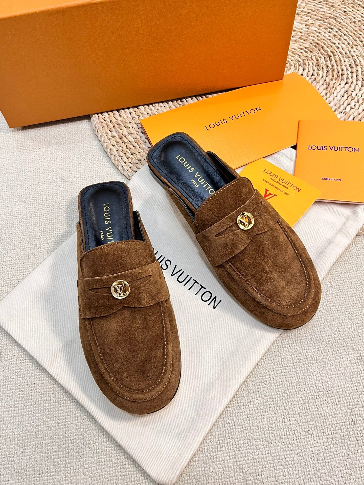 LV CAPRI OPEN BACK LOAFERS IN CHOCOLATE BROWN SUEDE - 35