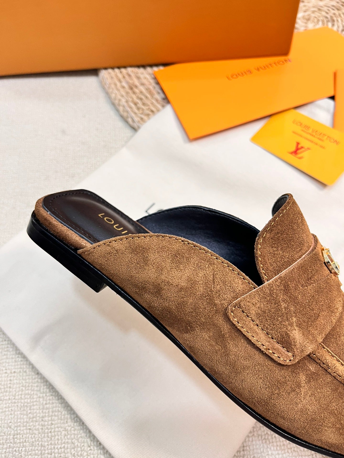 LV CAPRI OPEN BACK LOAFERS IN CHOCOLATE BROWN SUEDE - 35