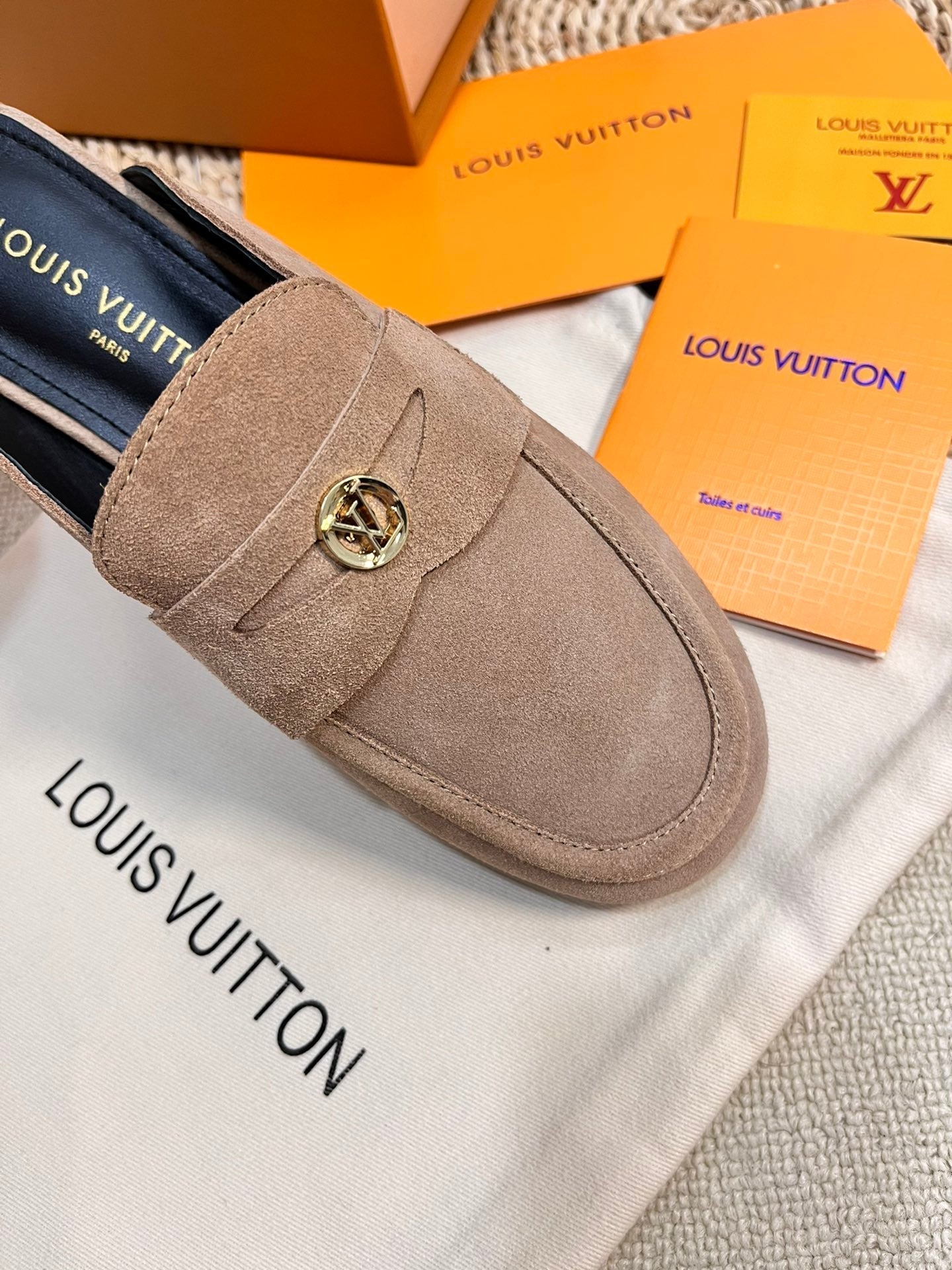 LV CAPRI OPEN BACK LOAFERS IN MEDIUM BROWN SUEDE - 35