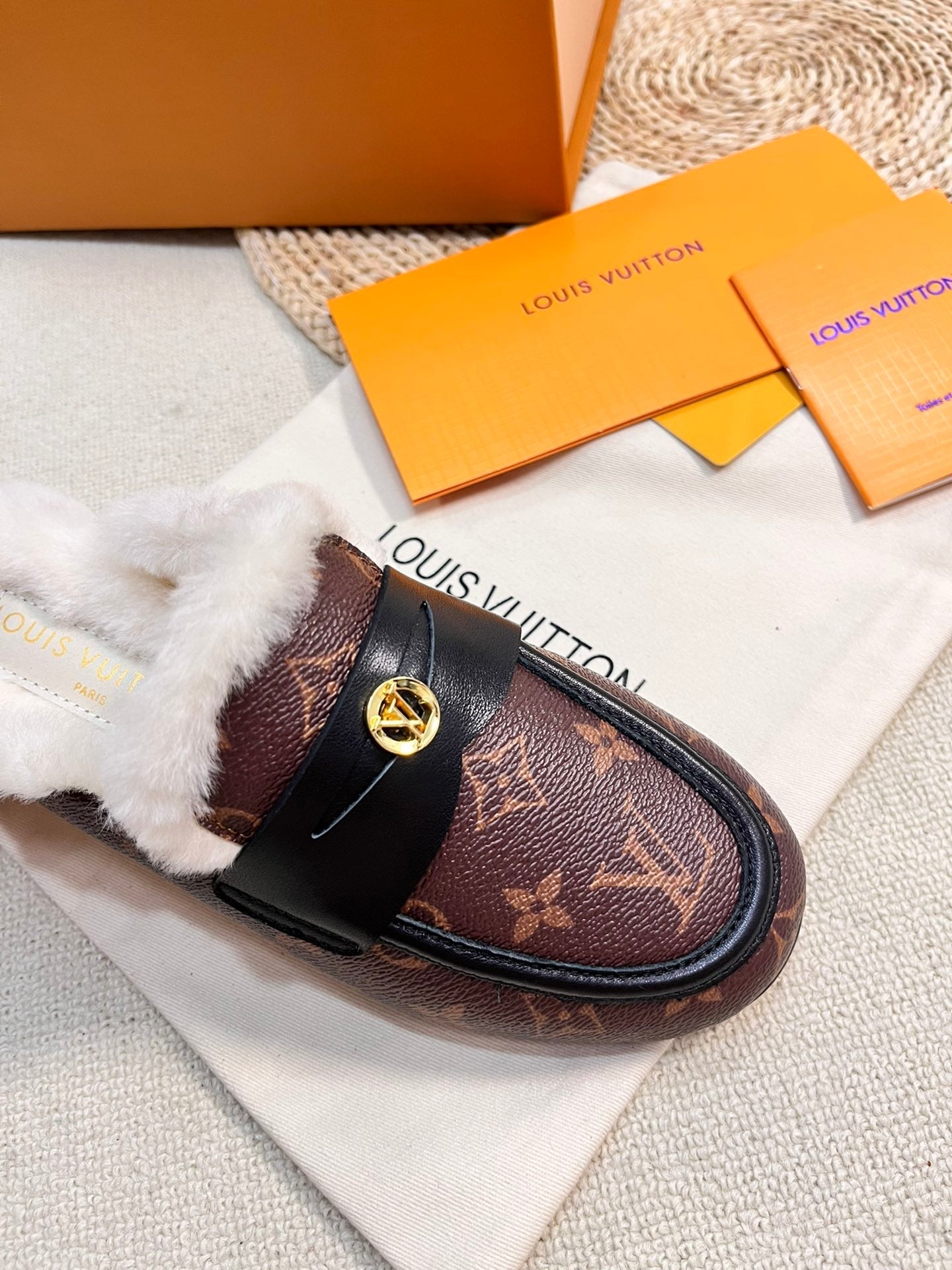 FLAT MULE IN CHESTNUT BROWN MONOGRAM CALFSKIN AND SHEARLING LINING - 35