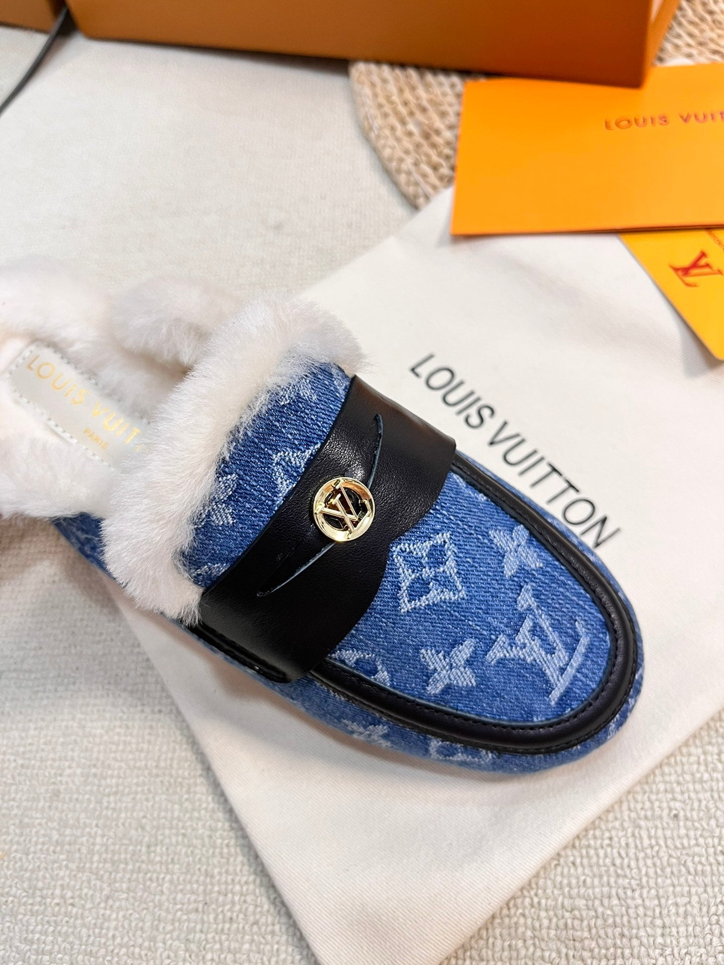 FLAT MULE IN COBALT BLUE MONOGRAM DENIM AND SHEARLING LINING - 35