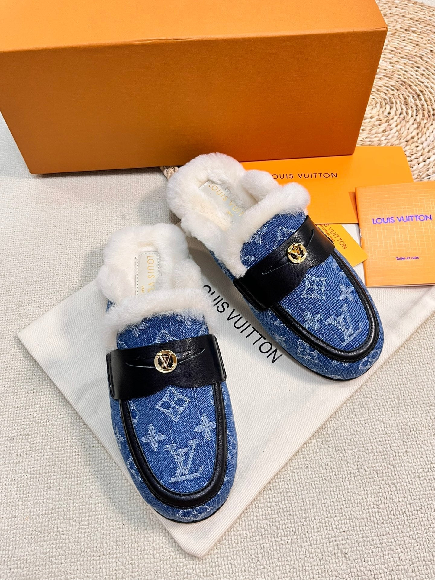 FLAT MULE IN COBALT BLUE MONOGRAM DENIM AND SHEARLING LINING - 35