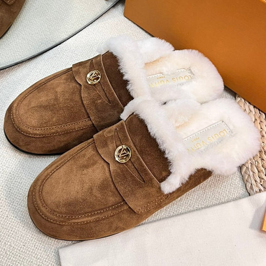 LV COSY FLAT COMFORT CLOG IN RUSSET BROWN SUEDE AND SHEARLING LINING - 35