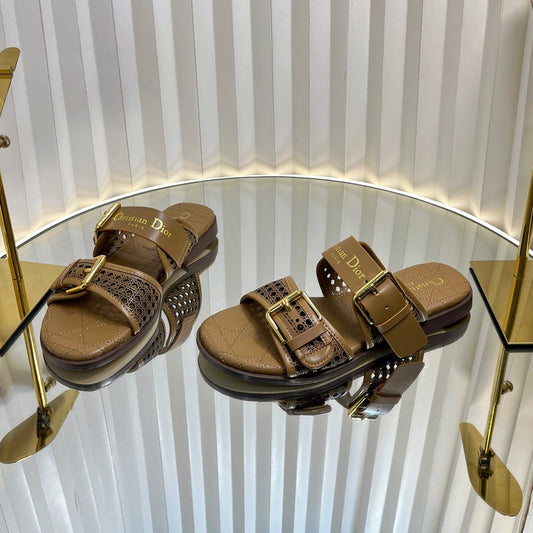 D-AVENUE SLIDES 25S IN BROWN CALFSKIN MICRO CANNAGE MOTIF - 35