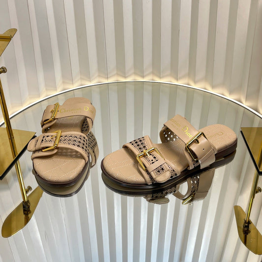 D-AVENUE SLIDES 25S IN BEIGE CALFSKIN MICRO CANNAGE MOTIF - 35