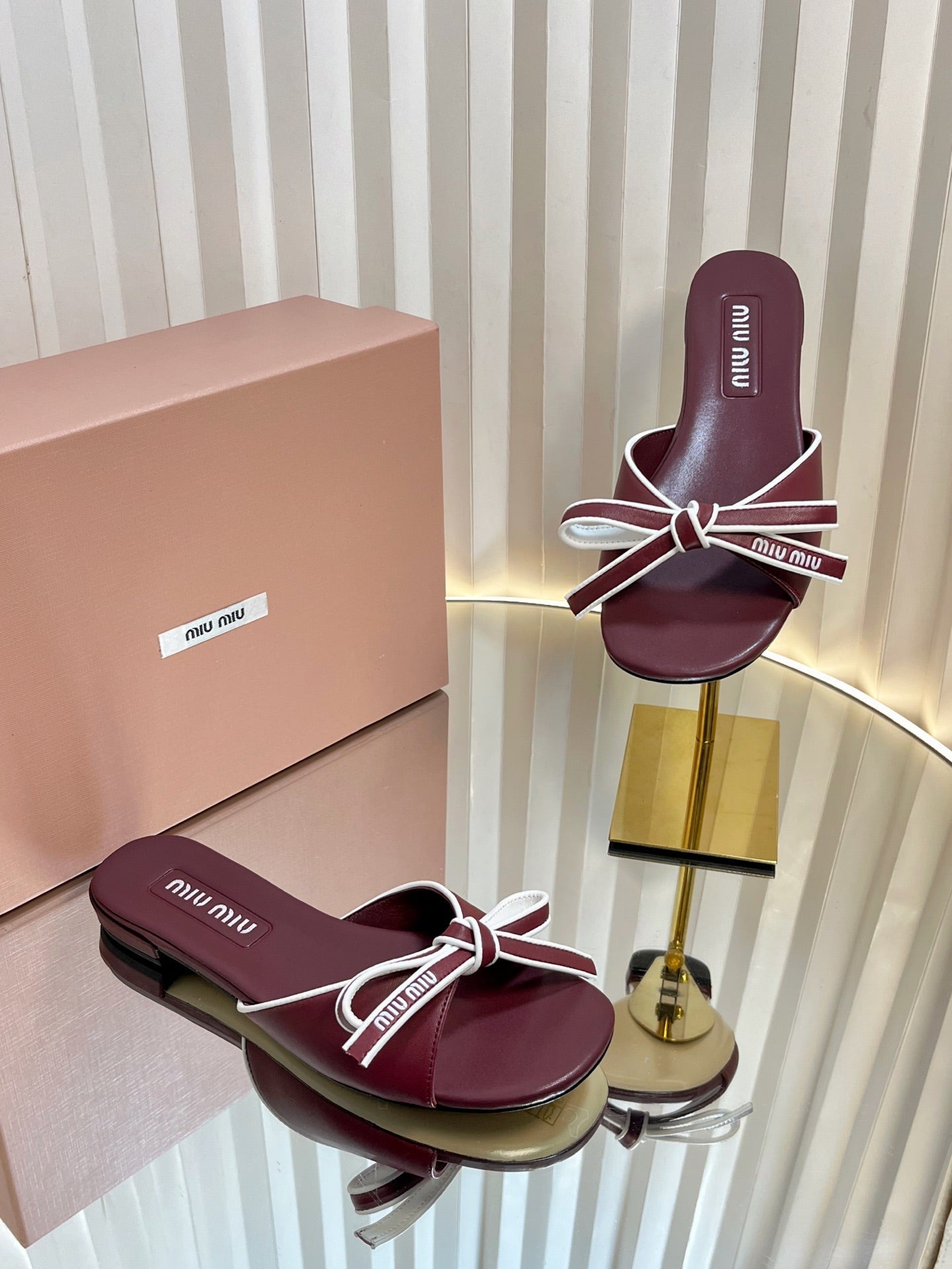 SLIDES SANDALS IN BURGUNDY RED CALFSKIN BOW IN TRAP - 34