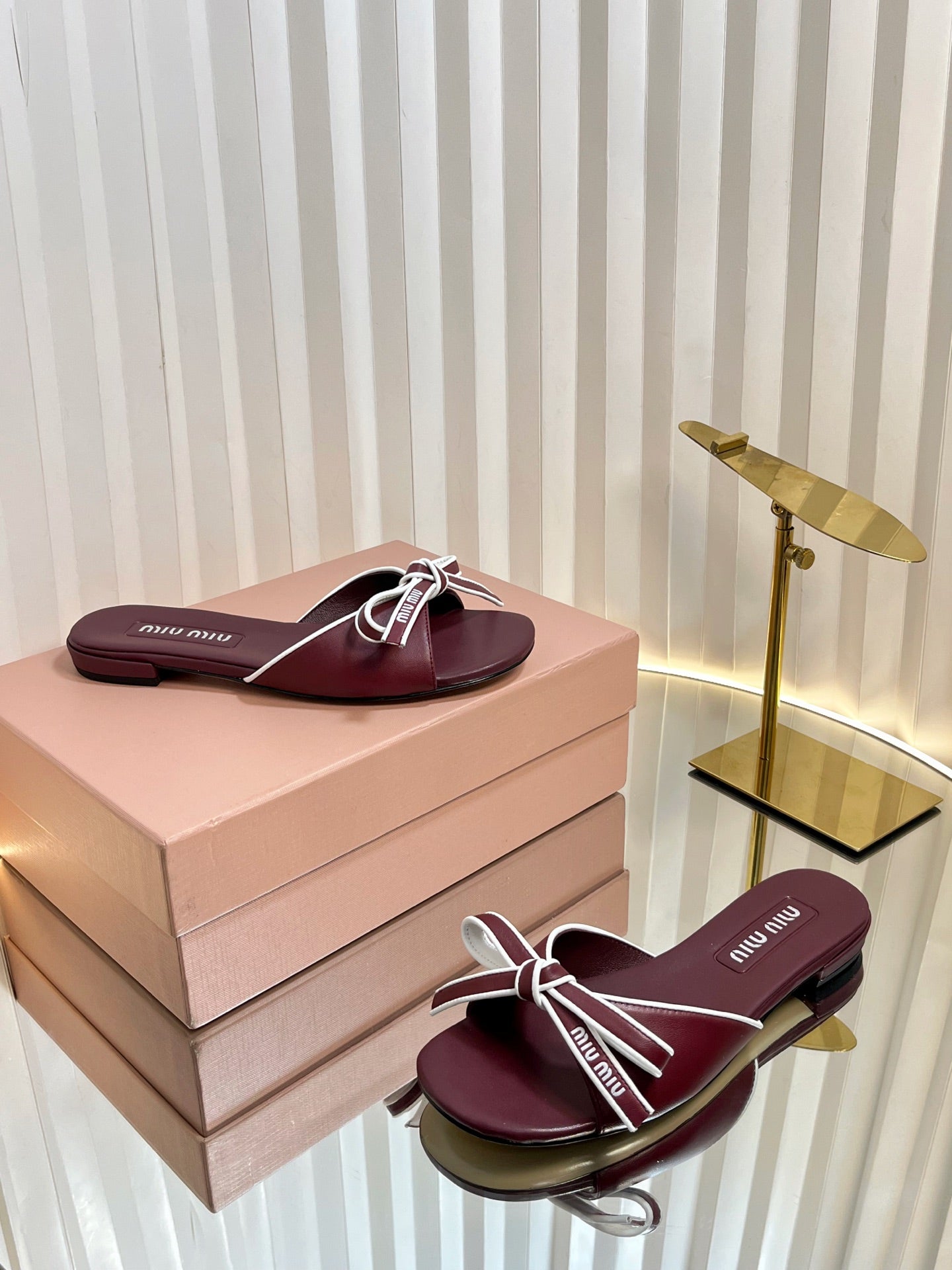 SLIDES SANDALS IN BURGUNDY RED CALFSKIN BOW IN TRAP - 34