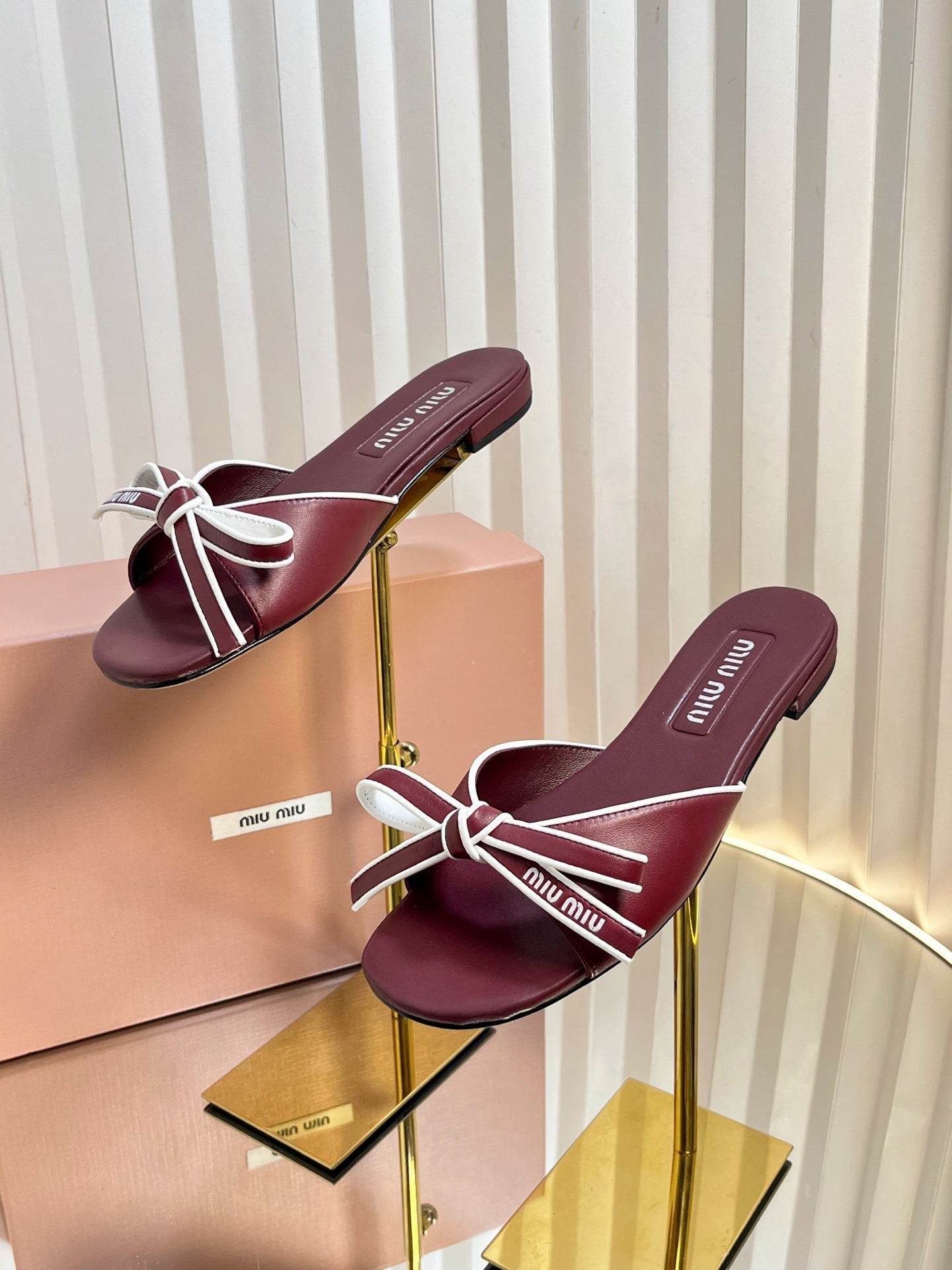 SLIDES SANDALS IN BURGUNDY RED CALFSKIN BOW IN TRAP - 34