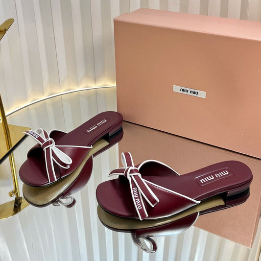 SLIDES SANDALS IN BURGUNDY RED CALFSKIN BOW IN TRAP - 34