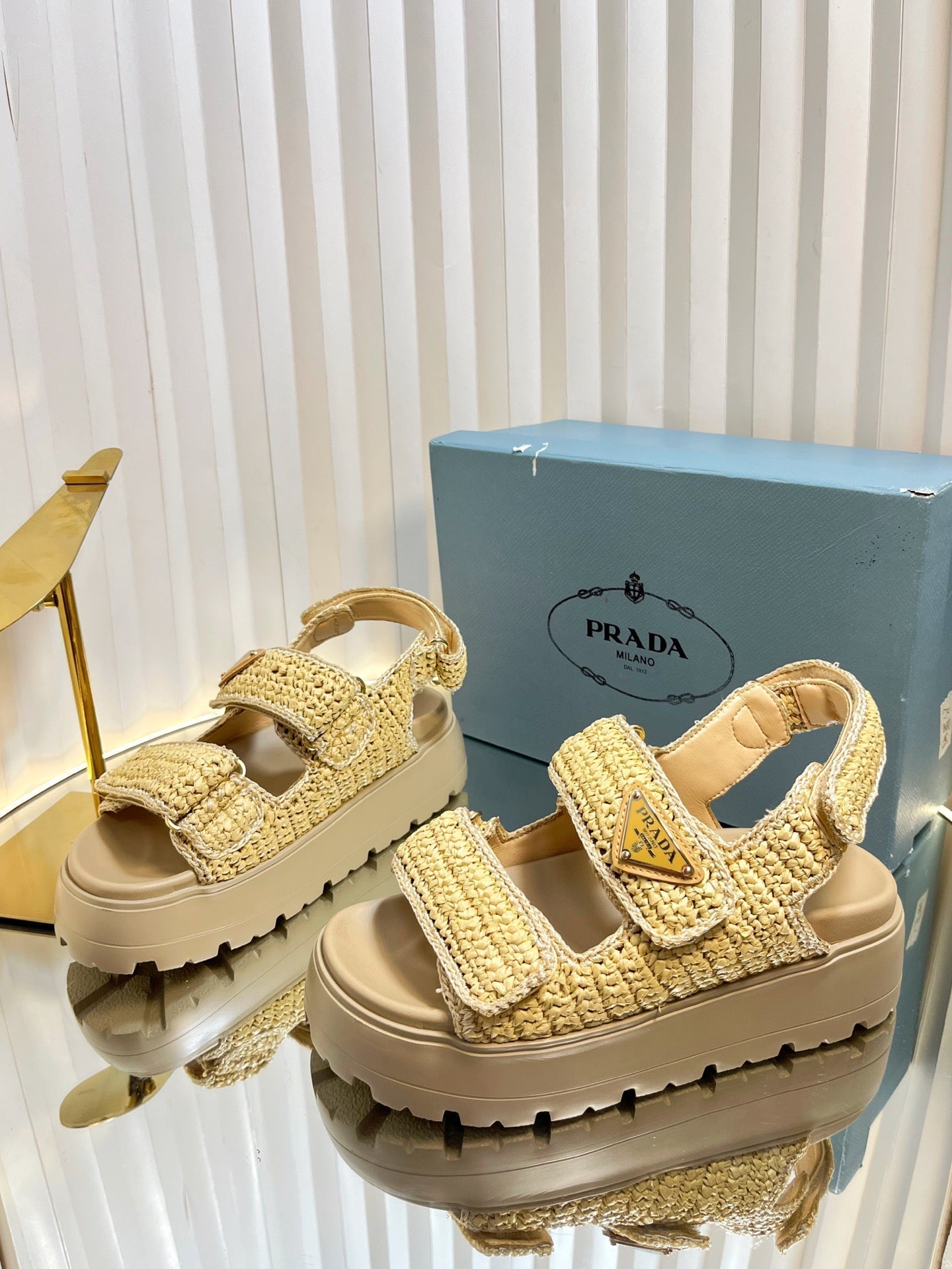 PRA THICK-SOLED SLIDE IN BEIGE RAFFIA - 35
