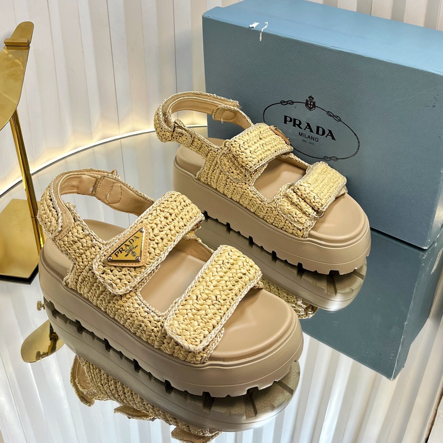 PRA THICK-SOLED SLIDE IN BEIGE RAFFIA - 35