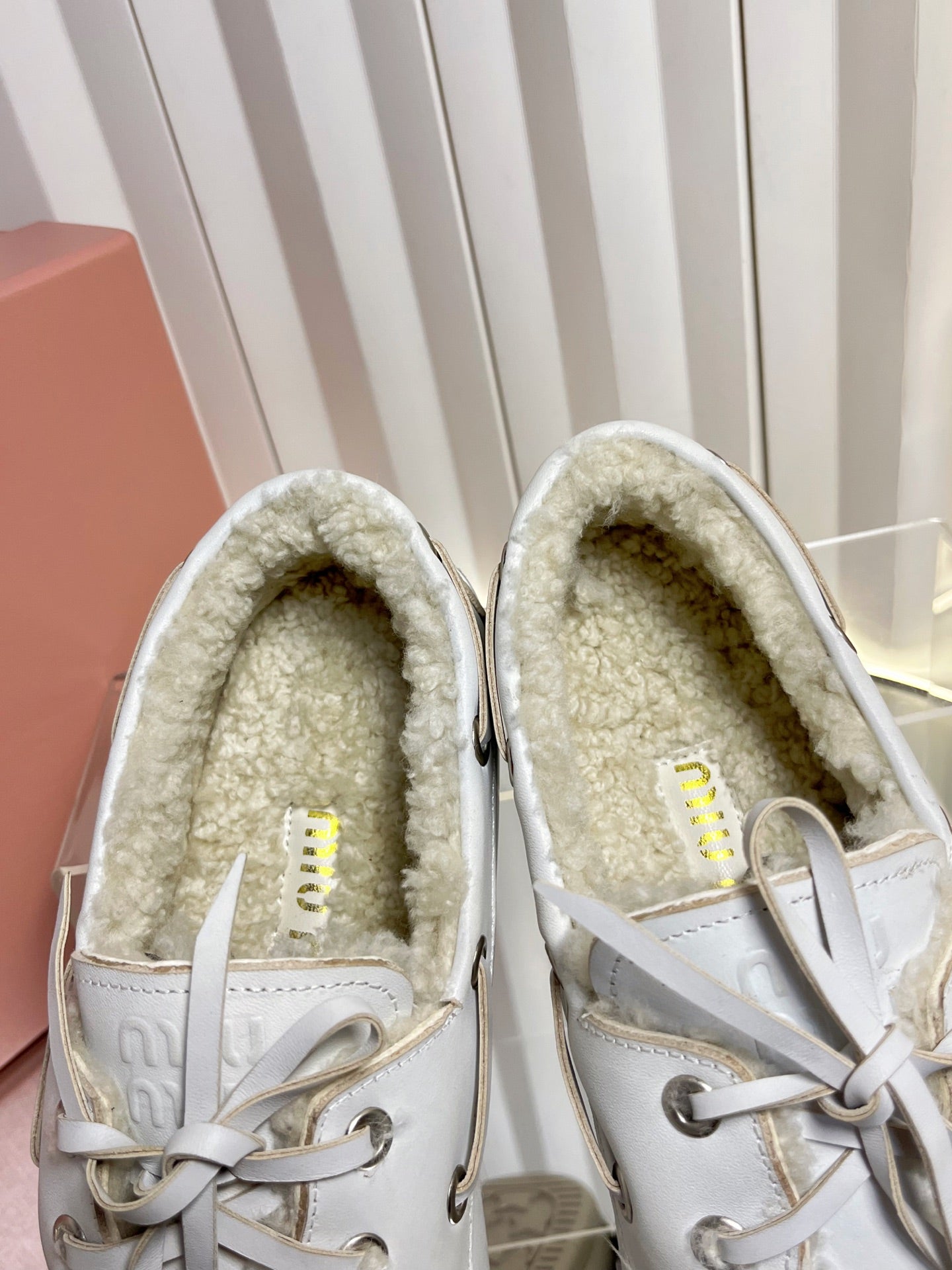 MIUMIU 26S FUR BOAT SHOES IN LIGHT GRAY CALFSKIN