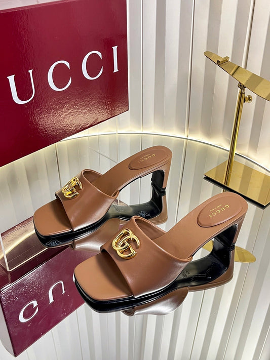 БОСОНІЖКИ GUCCI 26S НА ВИСОКИХ ПІДБОРАХ 45 ММ З КОРИЧНЕВОЇ ТЕЛЯЧОЇ ШКІРИ
