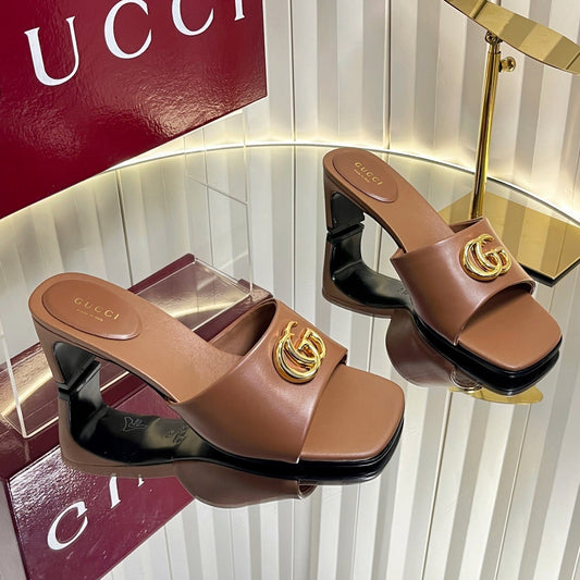 БОСОНІЖКИ GUCCI 26S НА ВИСОКИХ ПІДБОРАХ 45 ММ З КОРИЧНЕВОЇ ТЕЛЯЧОЇ ШКІРИ