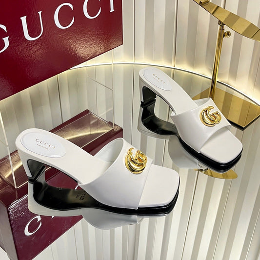 БОСОНІЖКИ GUCCI 26S НА ВИСОКИХ ПІДБОРАХ 45 ММ З БІЛОЇ ТЕЛЯЧОЇ ШКІРИ