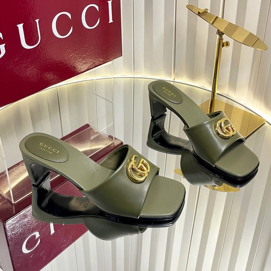 БОСОНІЖКИ GUCCI 26S НА ВИСОКИХ ПІДБОРАХ 45 ММ З ТЕЛЯЧОЇ ШКІРИ КОЛЬОРУ ЗЕЛЕНОГО МОХУ