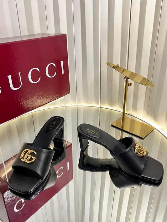 ЖІНОЧІ БОСОНІЖКИ GUCCI 26S НА ВИСОКИХ ПІДБОРАХ 45 ММ З ЧОРНОЇ ТЕЛЯЧОЇ ШКІРИ