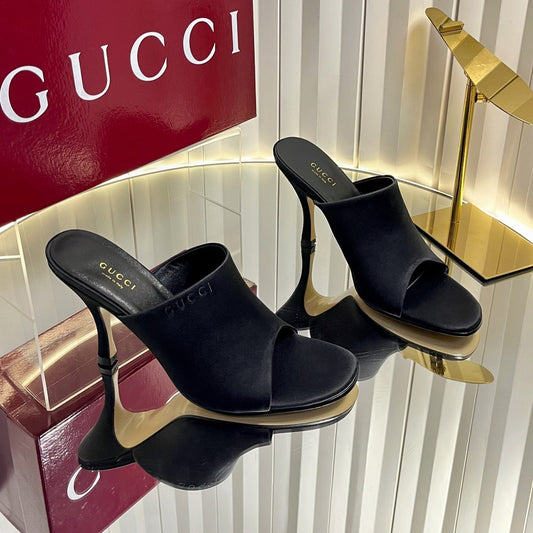 БОСОНІЖКИ GUCCI 26S НА ВИСОКИХ ПІДБОРАХ 100 ММ ІЗ ЧОРНОГО АТЛАСУ