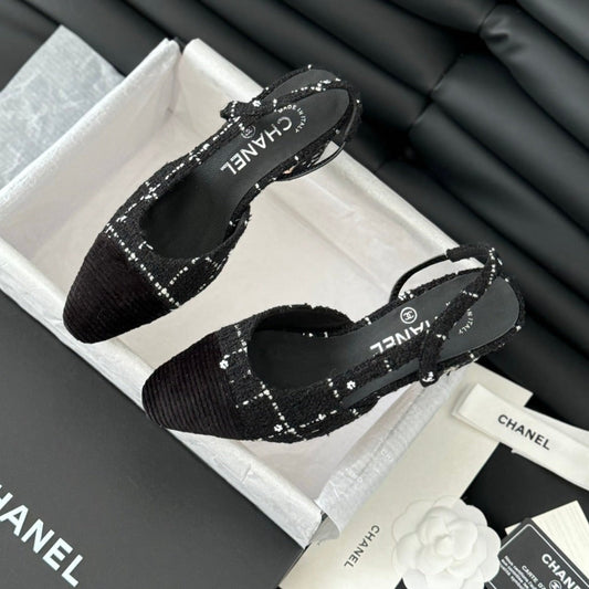 HIGH SLINGBACK IN BLACK TWEED AND LAMBSKIN - 35