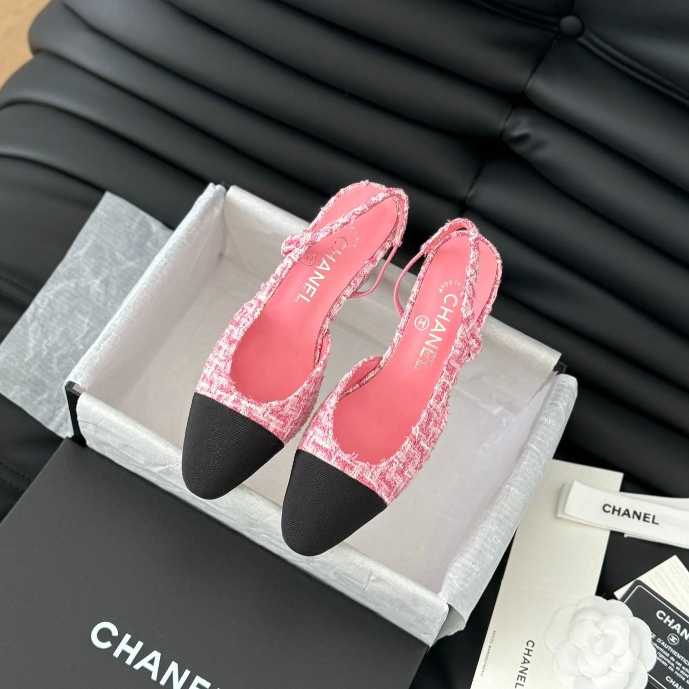 HIGH SLINGBACK IN LIGHT PINK TWEED AND BLACK LAMBSKIN - 35