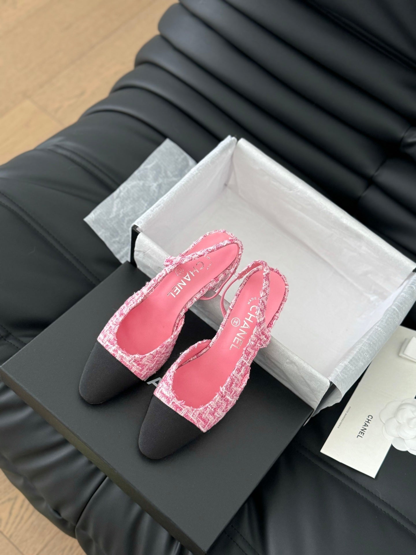 HIGH SLINGBACK IN LIGHT PINK TWEED AND BLACK LAMBSKIN - 35