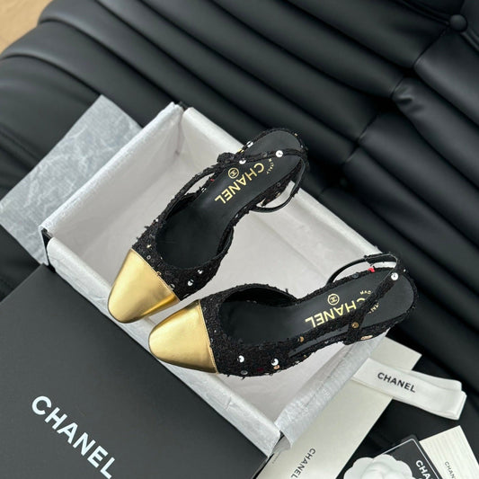 HIGH SLINGBACK IN BLACK TWEED AND GOLDEN LAMBSKIN - 35