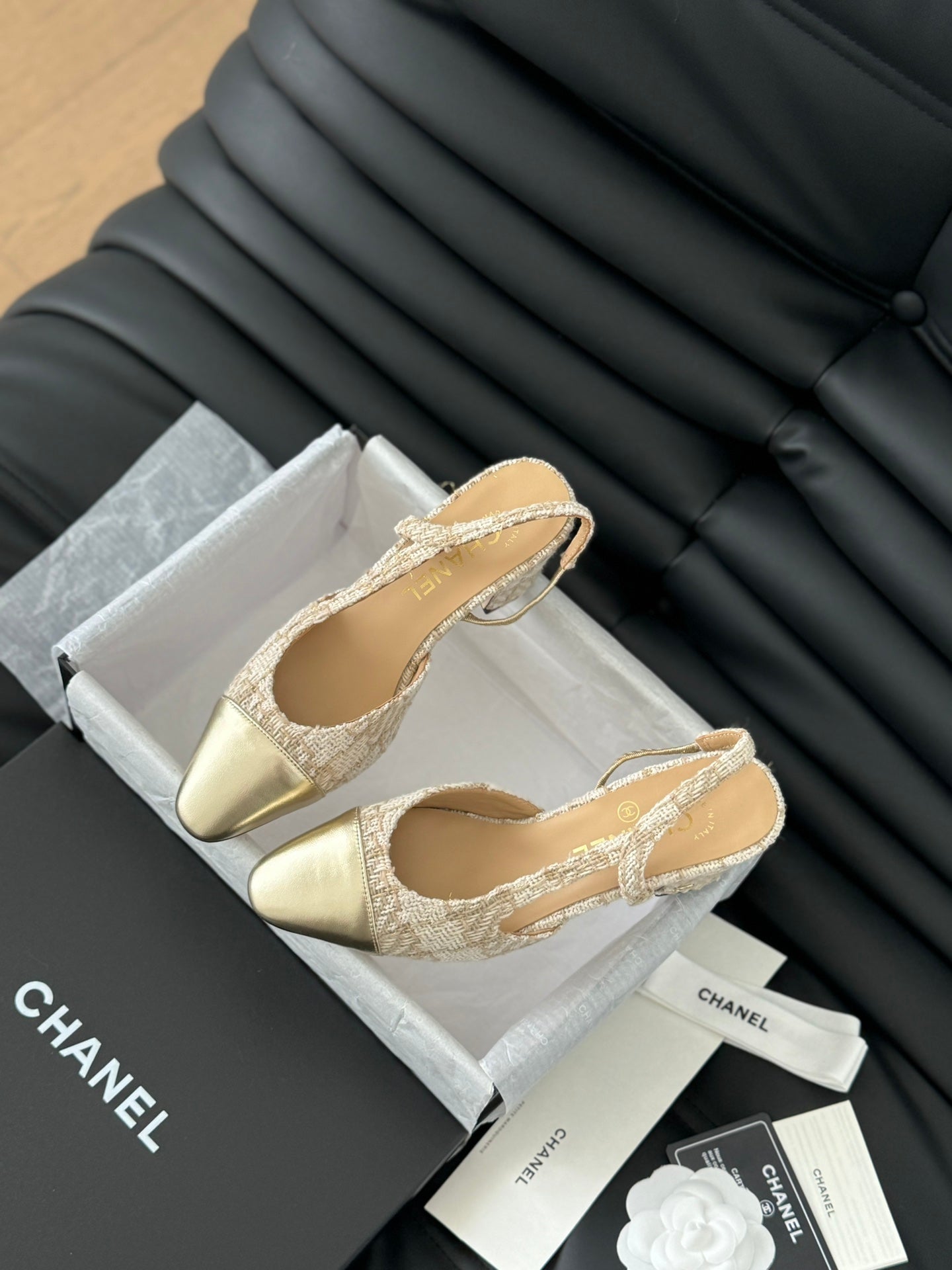 HIGH SLINGBACK IN BEIGE CREAM TWEED AND GOLDEN LAMBSKIN - 35