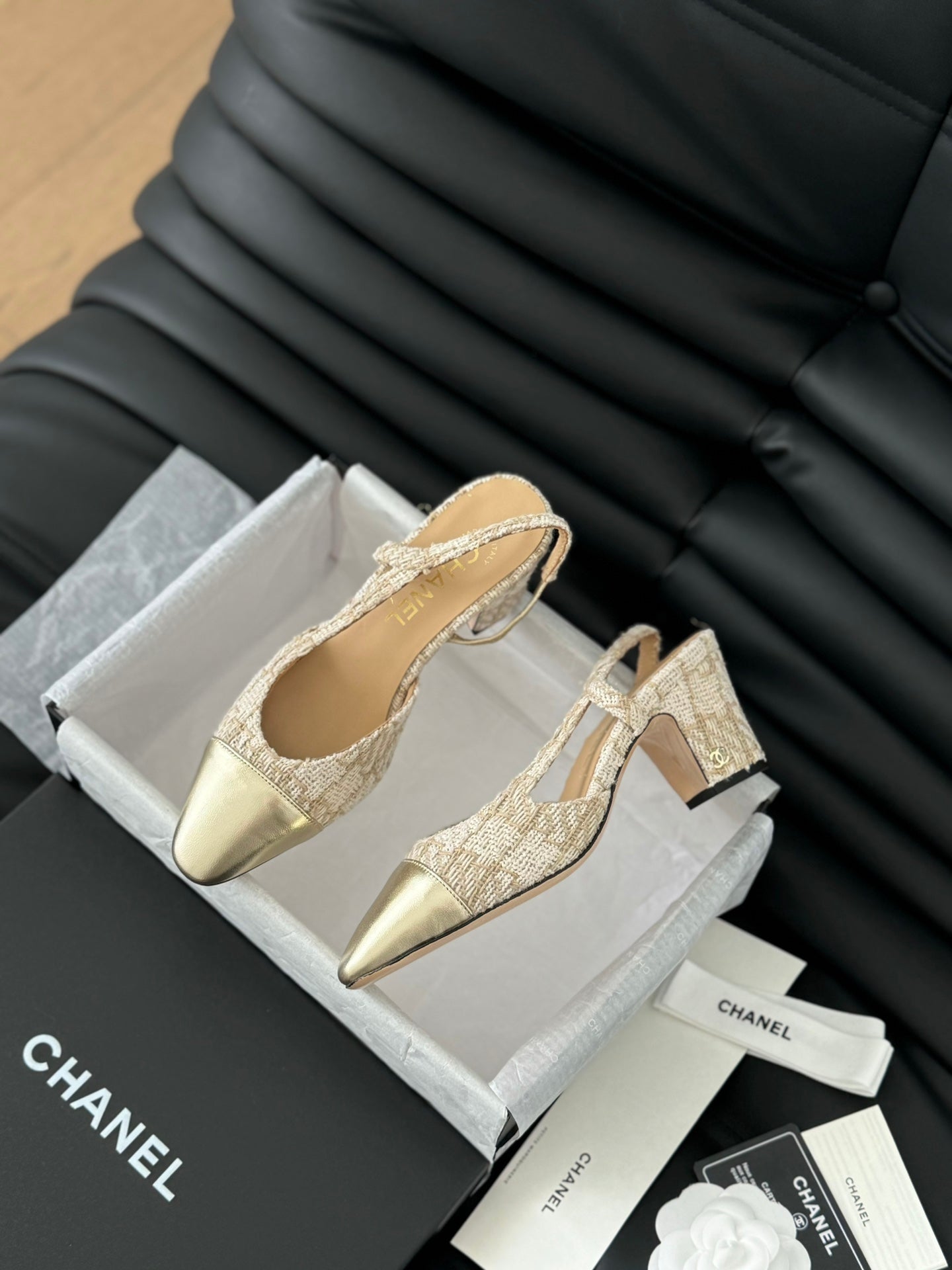 HIGH SLINGBACK IN BEIGE CREAM TWEED AND GOLDEN LAMBSKIN - 35