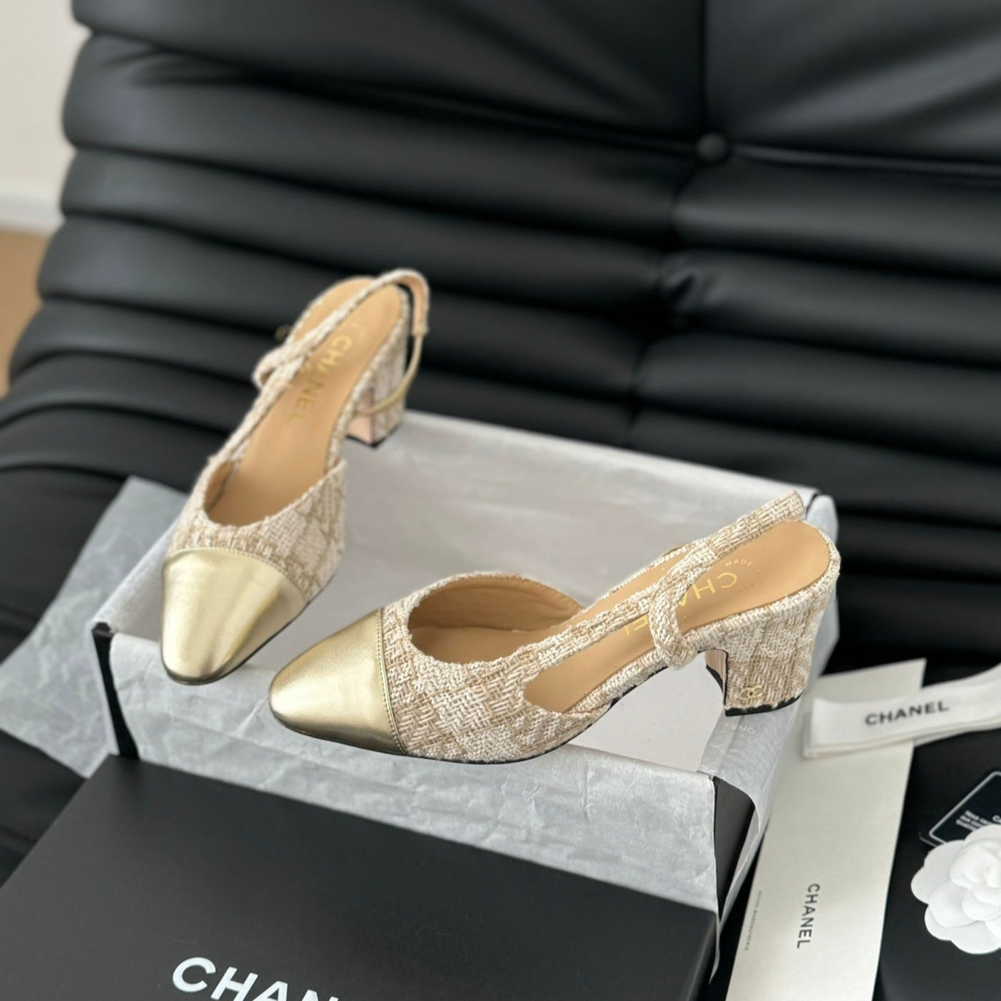 HIGH SLINGBACK IN BEIGE CREAM TWEED AND GOLDEN LAMBSKIN - 35