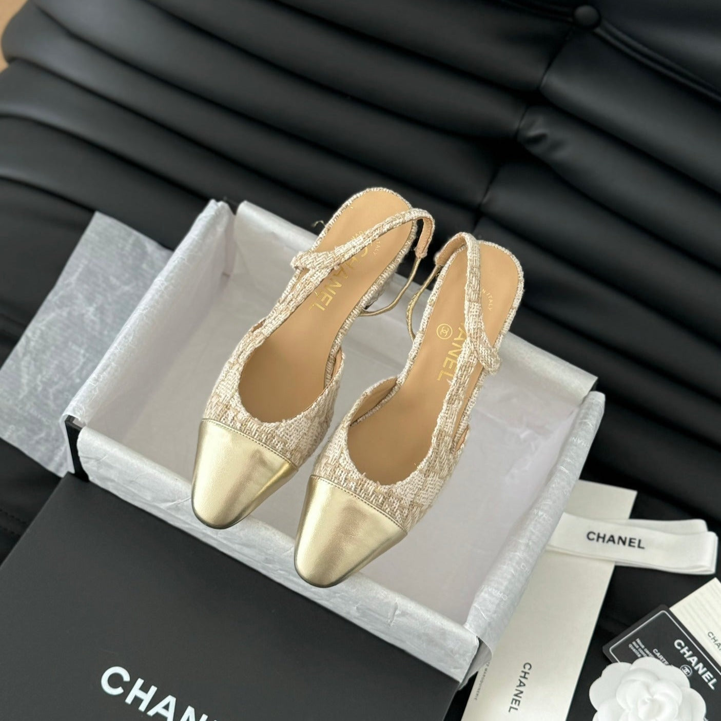 HIGH SLINGBACK IN BEIGE CREAM TWEED AND GOLDEN LAMBSKIN - 35