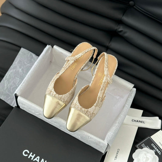 HIGH SLINGBACK IN BEIGE CREAM TWEED AND GOLDEN LAMBSKIN - 35