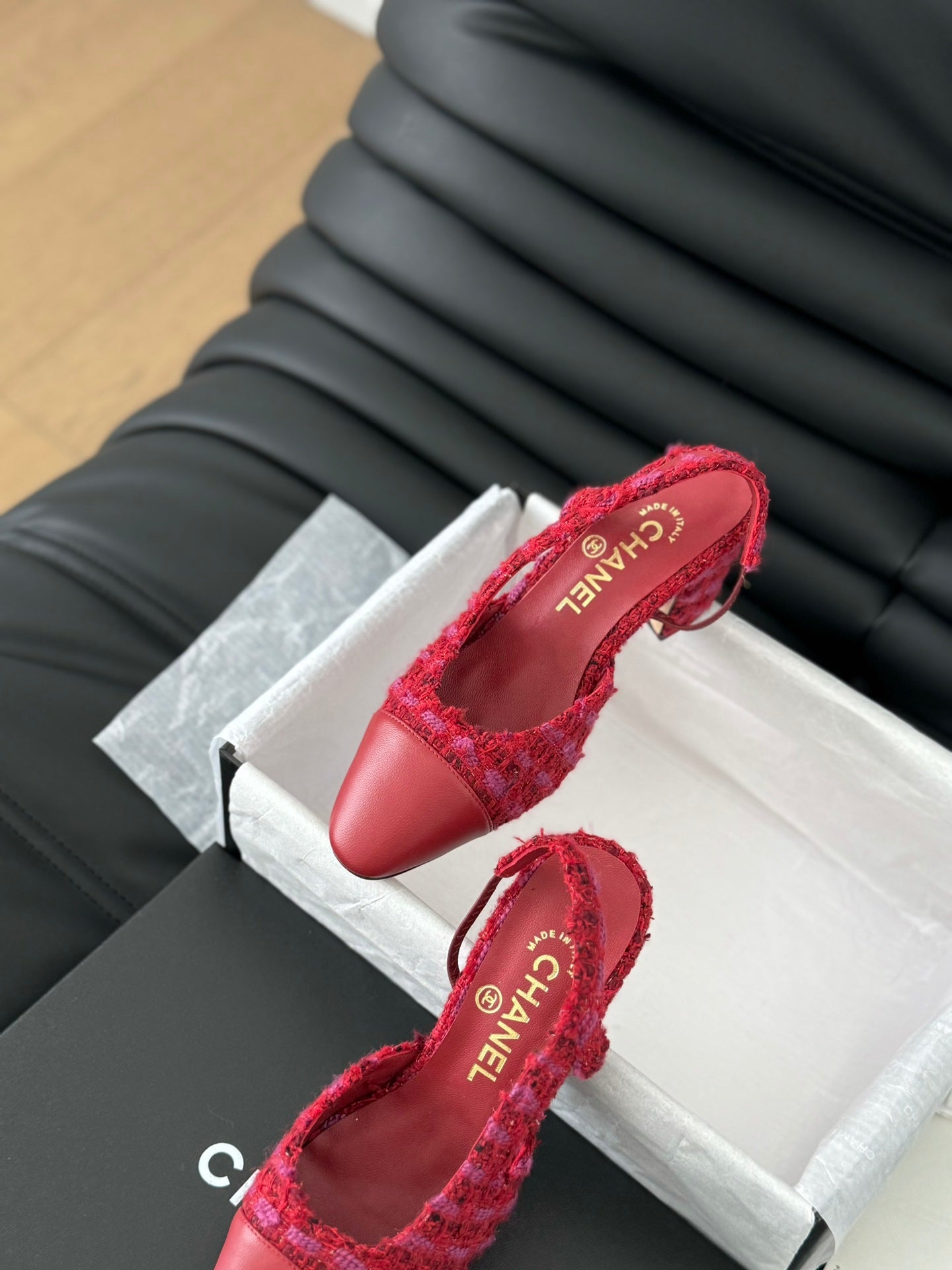 HIGH SLINGBACK IN RUBY RED TWEED AND LAMBSKIN - 35