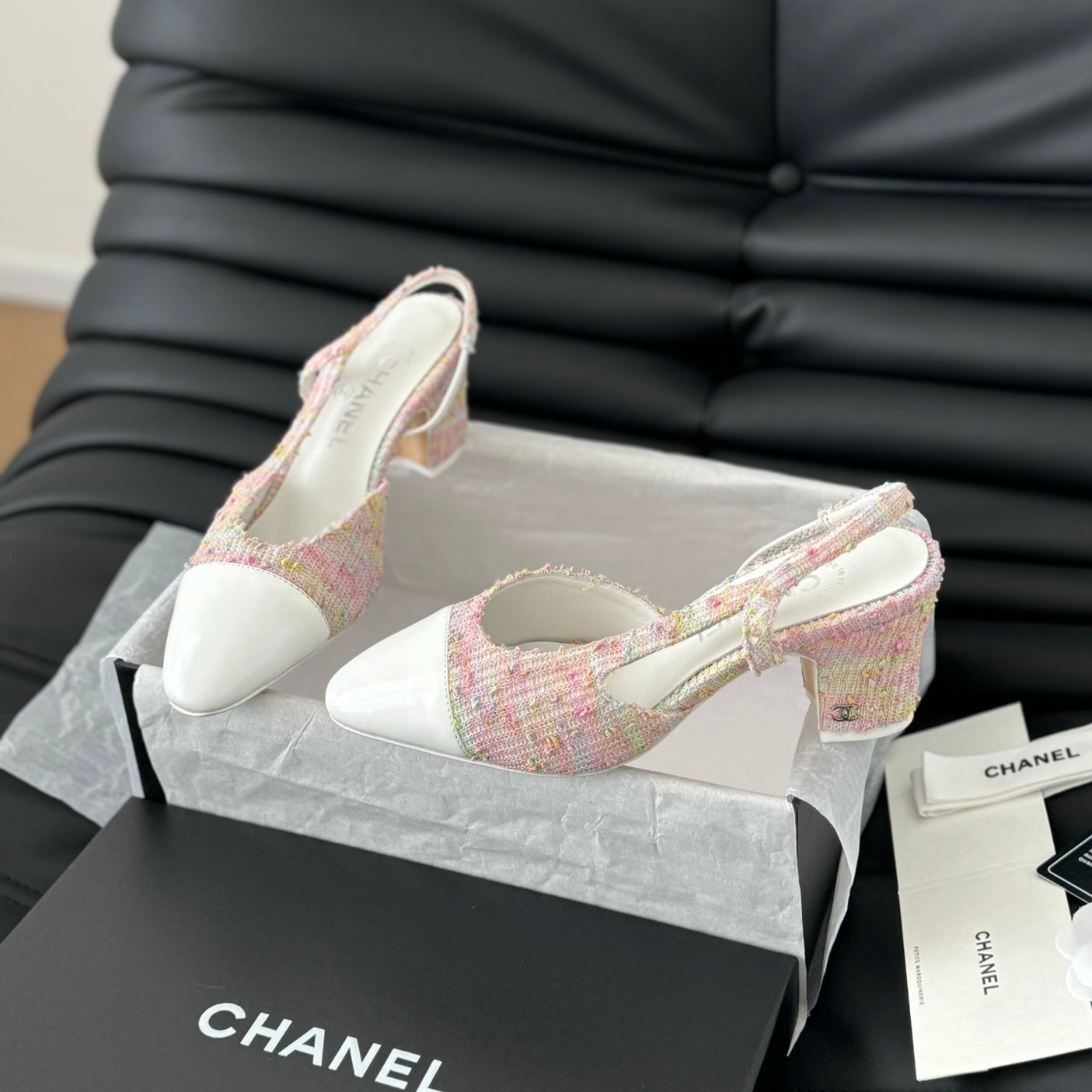 HIGH SLINGBACK IN LIGHT PINK TWEED MIX WHITE LAMBSKIN - 35