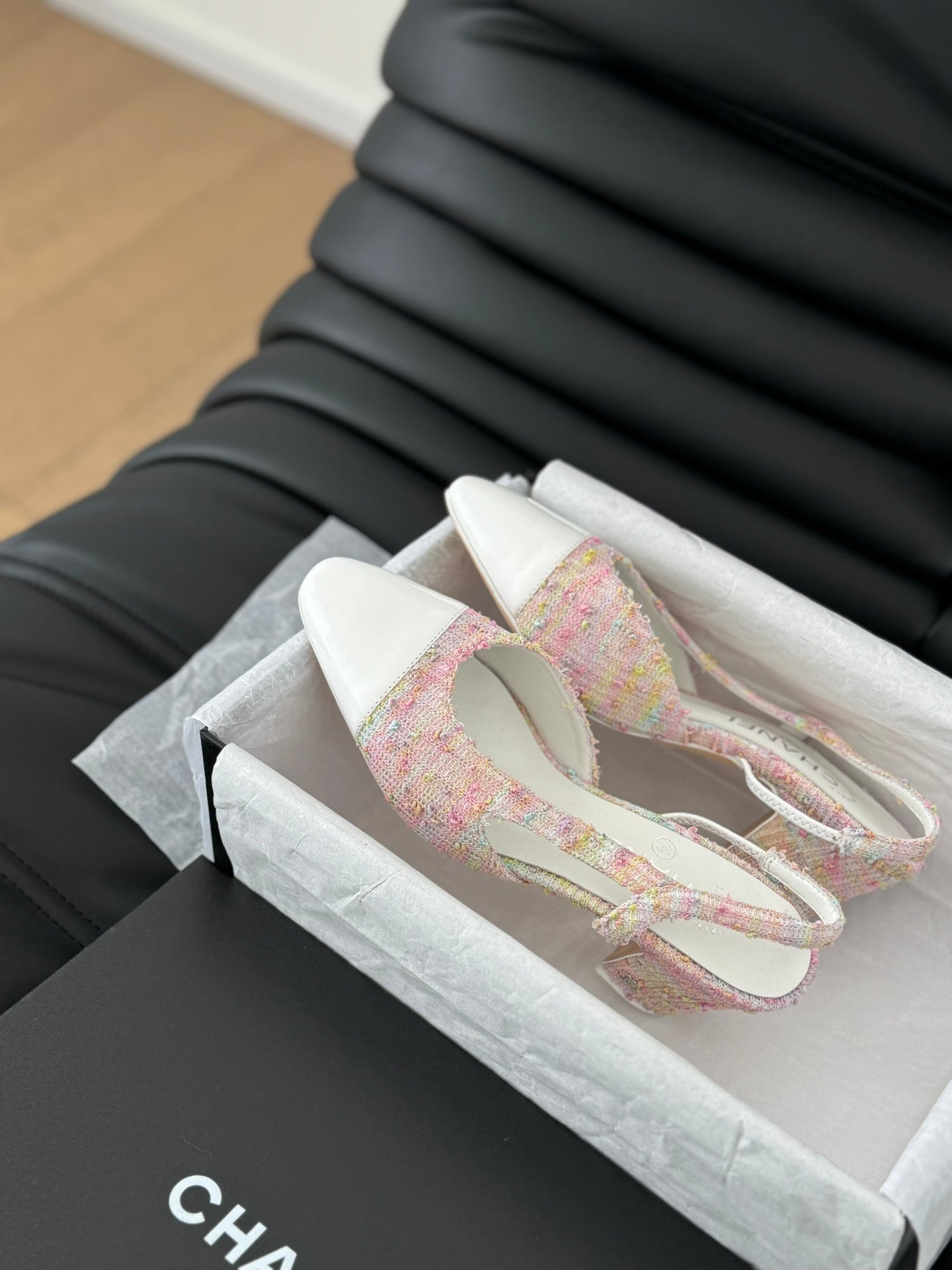 HIGH SLINGBACK IN LIGHT PINK TWEED MIX WHITE LAMBSKIN - 35