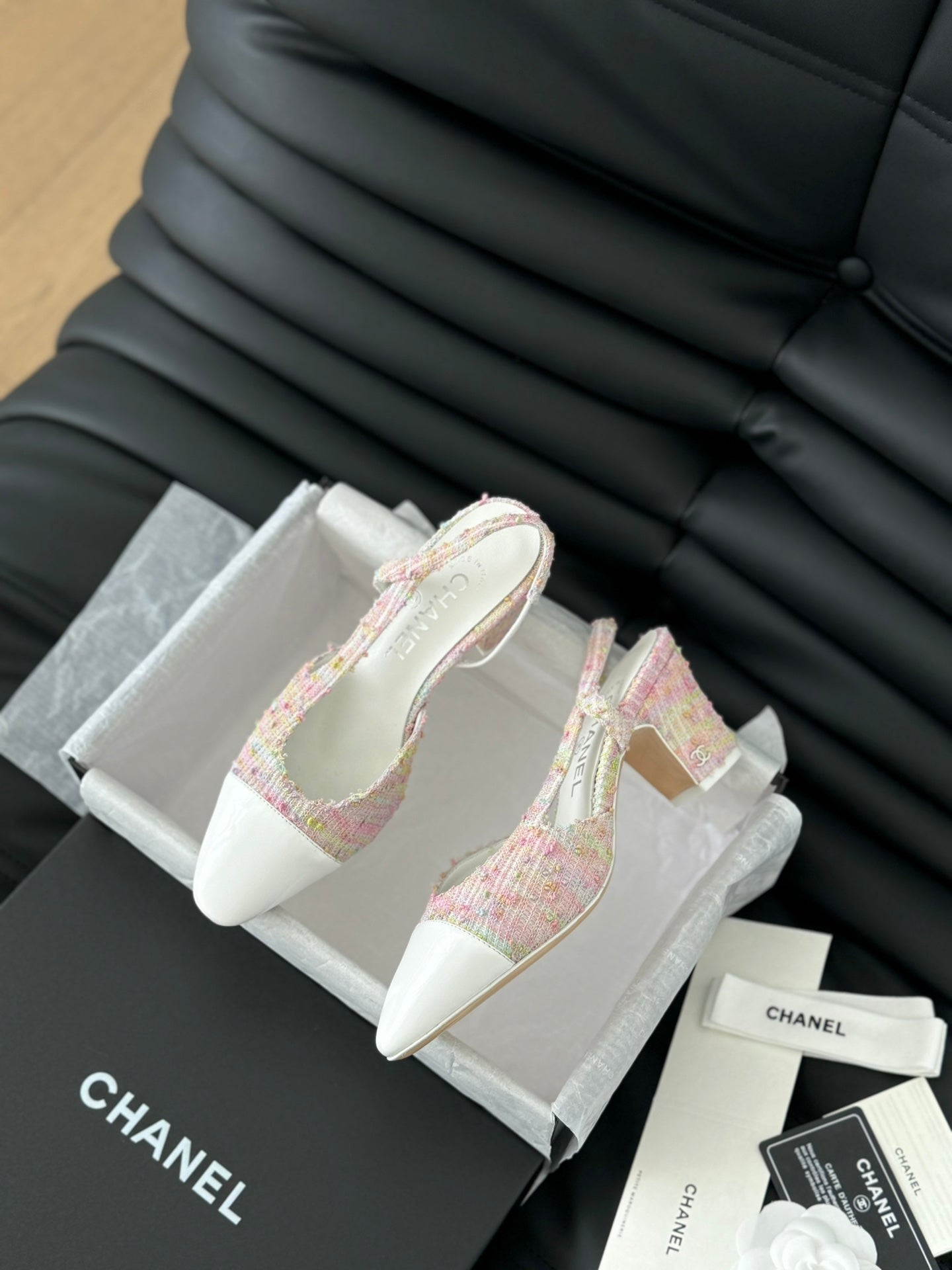 HIGH SLINGBACK IN LIGHT PINK TWEED MIX WHITE LAMBSKIN - 35