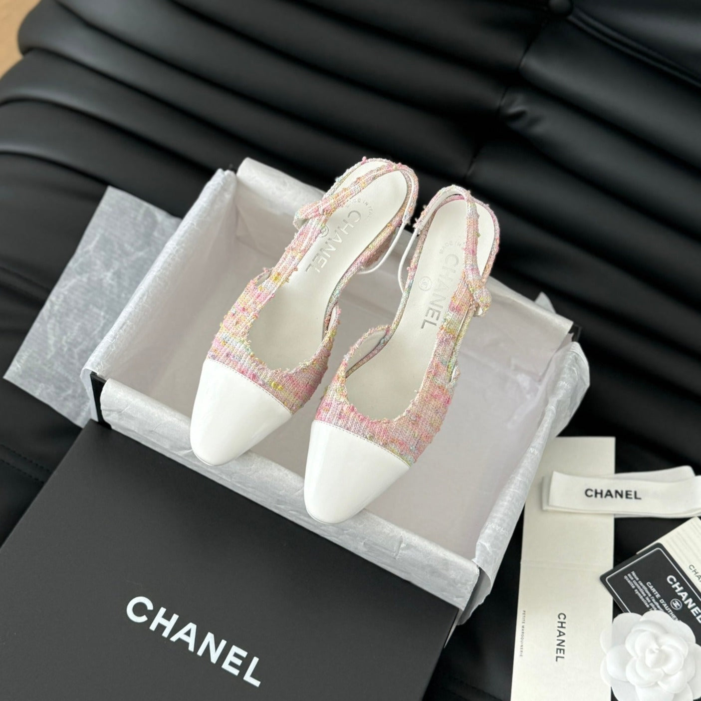 HIGH SLINGBACK IN LIGHT PINK TWEED MIX WHITE LAMBSKIN - 35
