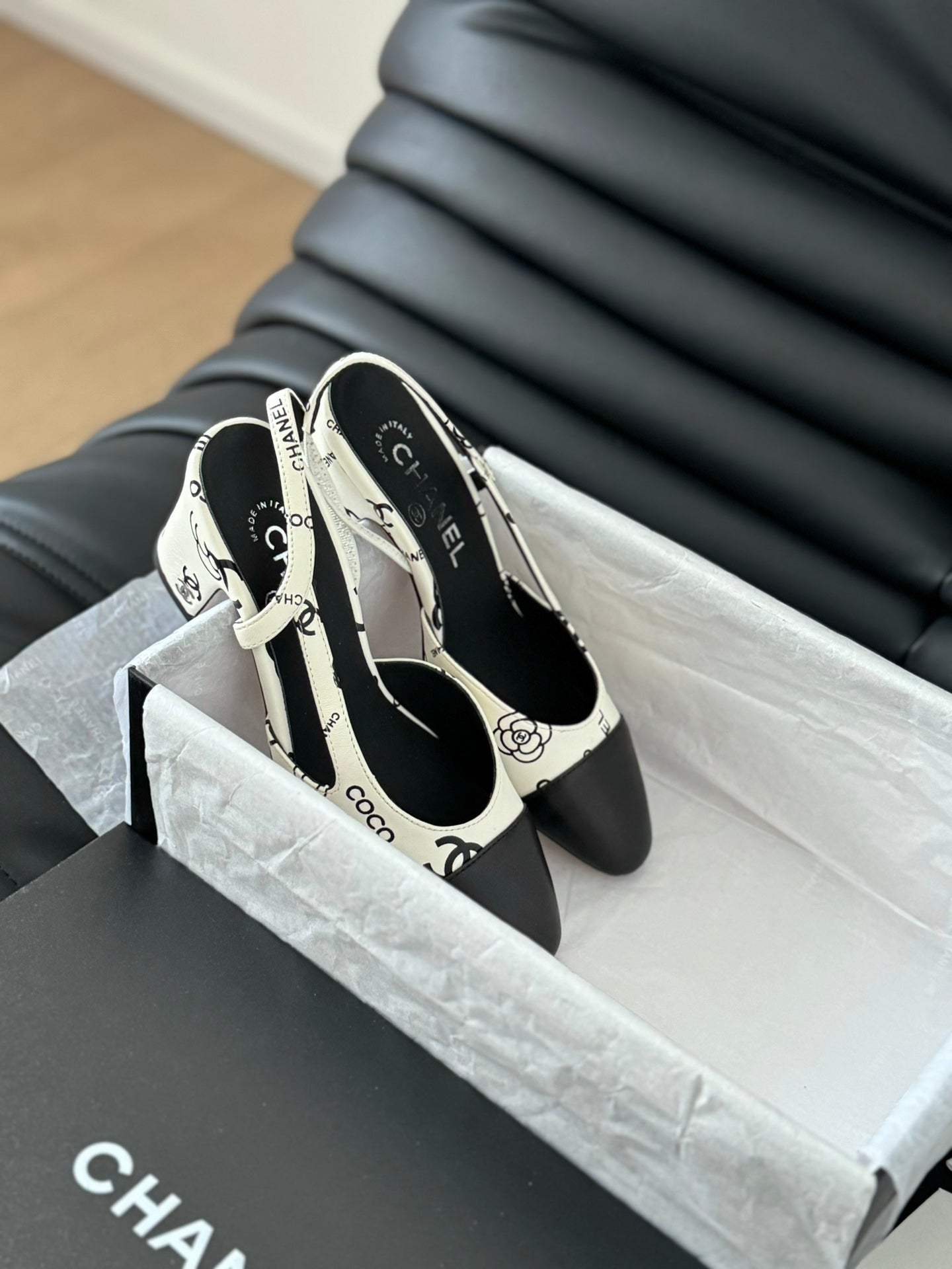 HIGH SLINGBACK IN WHITE MIX BLACK LAMBSKIN - 35