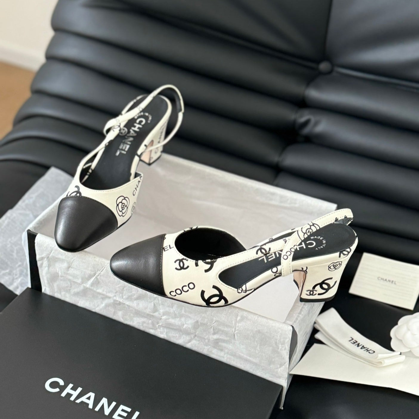 HIGH SLINGBACK IN WHITE MIX BLACK LAMBSKIN - 35