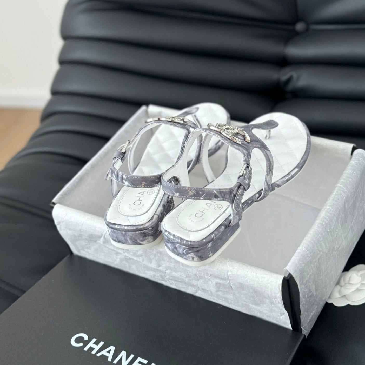 Double C Classic One-Strap Sandals White Gray Smoke Lambskin - 35