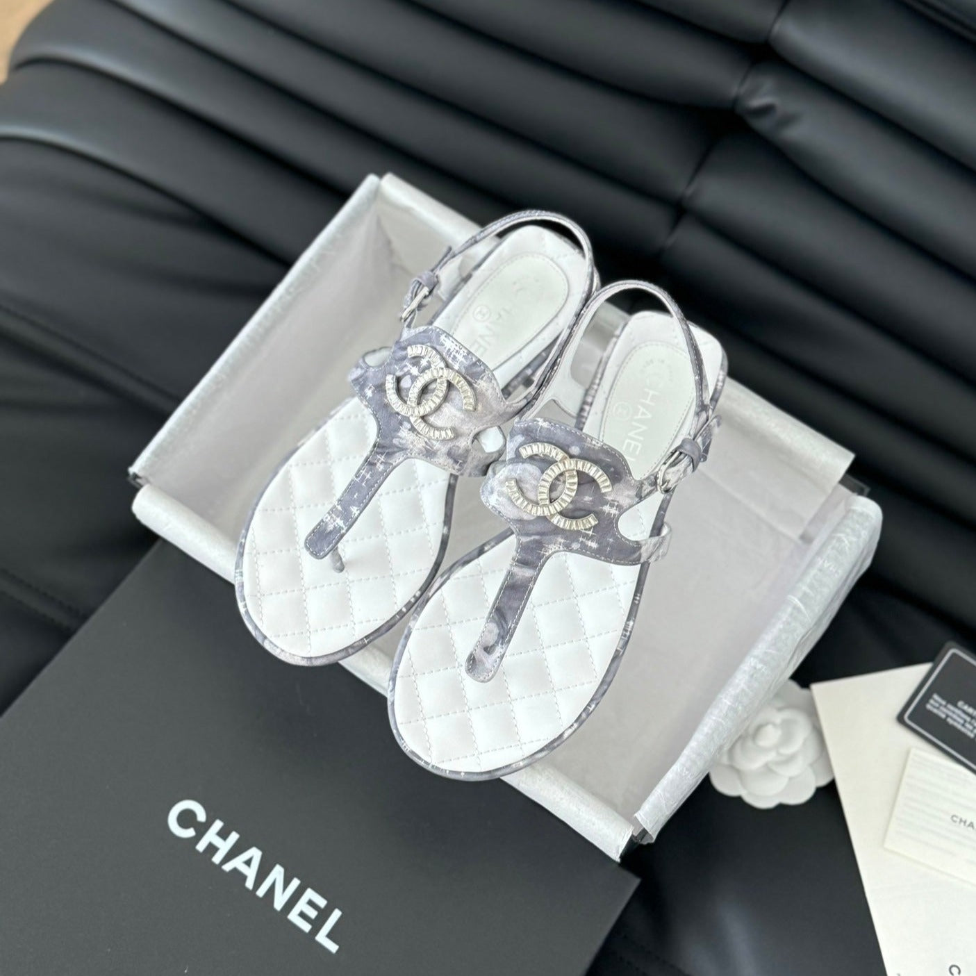 Double C Classic One-Strap Sandals White Gray Smoke Lambskin - 35